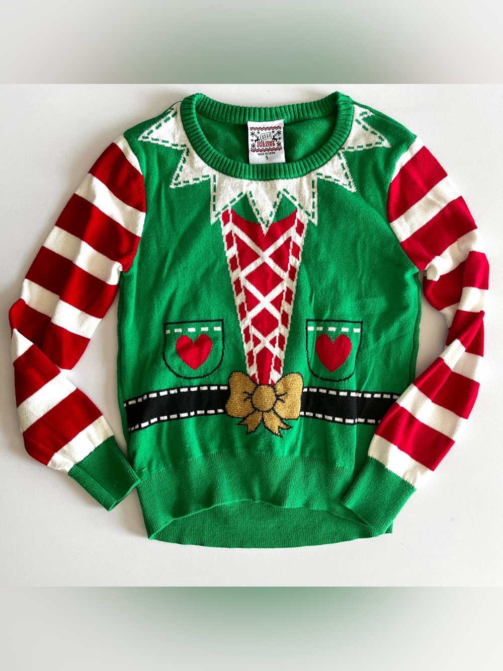 Kids Elf ugly Christmas sweater small green red stripe crew neck well worn